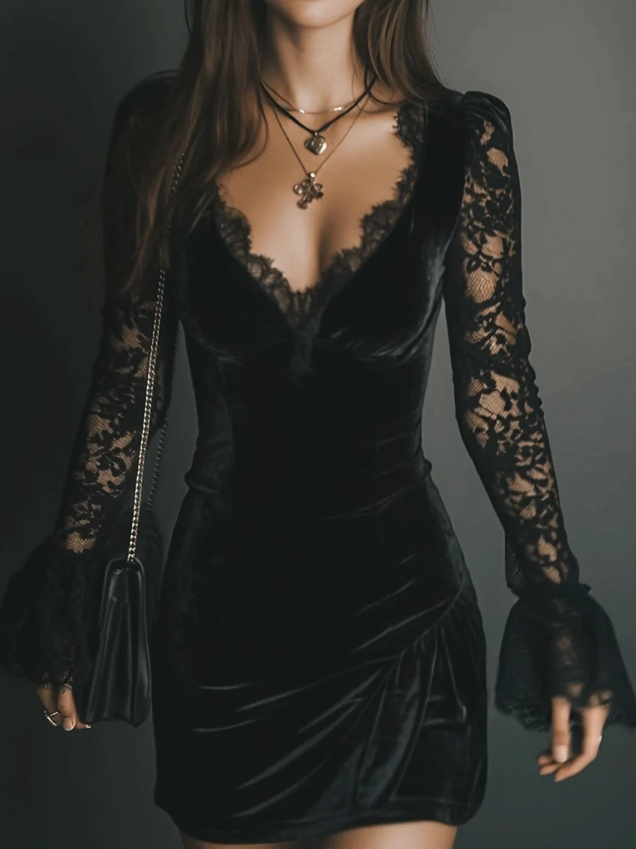 Elegant Black Velvet Mini Dress for Women with V Neck Bell Sleeve Lace Bodycon Cocktail Style