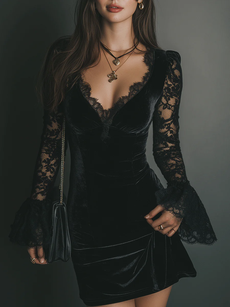 Elegant Black Velvet Mini Dress for Women with V Neck Bell Sleeve Lace Bodycon Cocktail Style