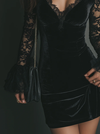 Elegant Black Velvet Mini Dress for Women with V Neck Bell Sleeve Lace Bodycon Cocktail Style