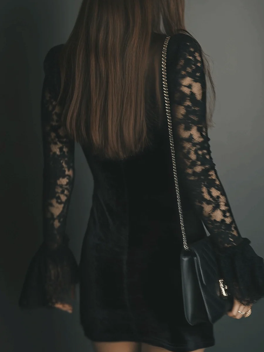 Elegant Black Velvet Mini Dress for Women with V Neck Bell Sleeve Lace Bodycon Cocktail Style