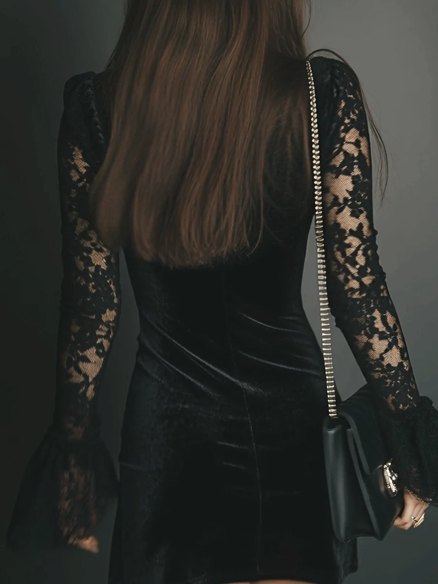 Elegant Black Velvet Mini Dress for Women with V Neck Bell Sleeve Lace Bodycon Cocktail Style