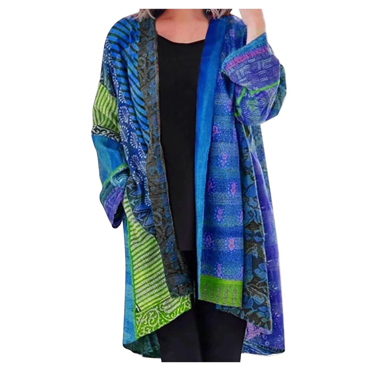 Effortless Patchwork Print Kimono Cardigan for Women with Open Front Long Sleeve Relaxed Flowing Boho Style