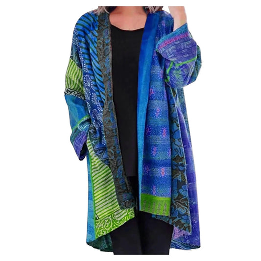 Effortless Patchwork Print Kimono Cardigan for Women with Open Front Long Sleeve Relaxed Flowing Boho Style