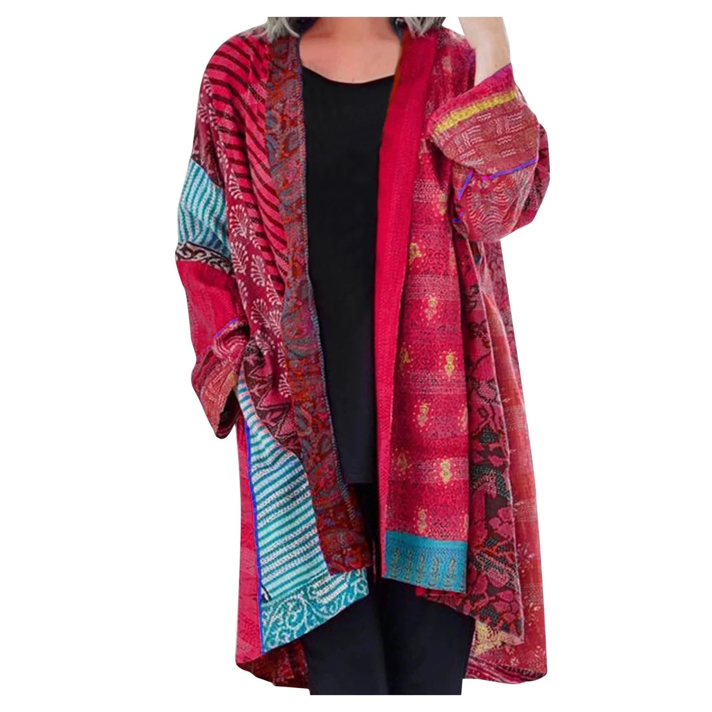Effortless Patchwork Print Kimono Cardigan for Women with Open Front Long Sleeve Relaxed Flowing Boho Style