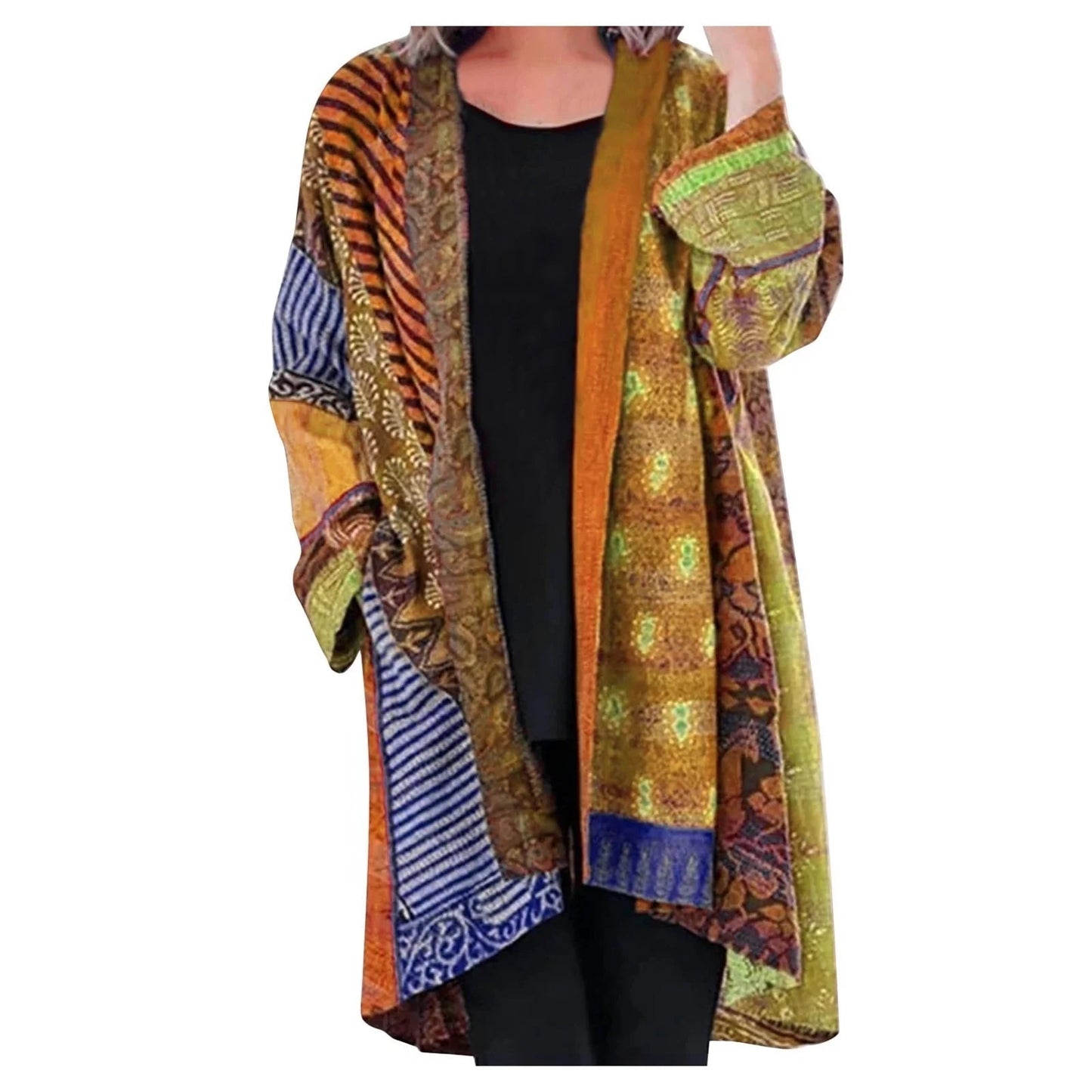 Effortless Patchwork Print Kimono Cardigan for Women with Open Front Long Sleeve Relaxed Flowing Boho Style