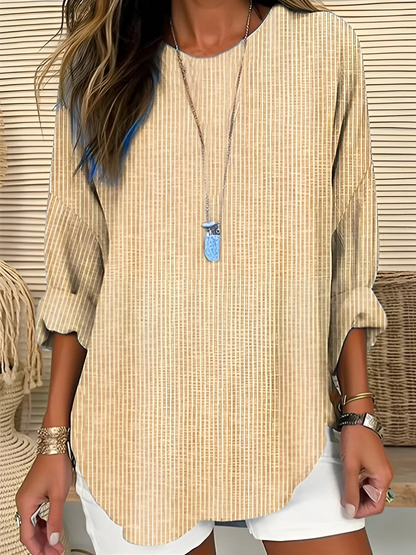 Effortless Striped Tunic Blouse for Women with Round Neck Bell Sleeve Curved Hem Relaxed Style
