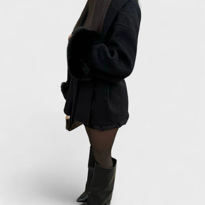 Elegant Wool Coat for Women with Shawl Collar Fur Trim Cuff Belted Oversized Style