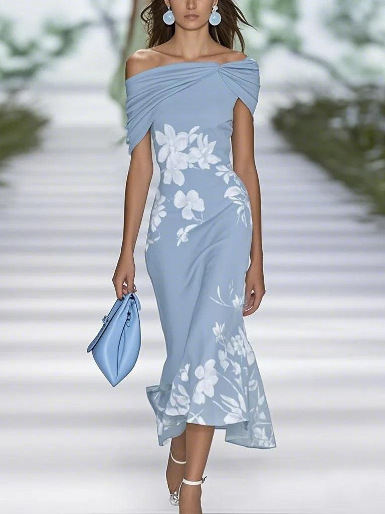 Elegant Floral Midi Dress for Women with Off Shoulder Short Sleeve Ruched Mermaid Hem Wedding Guest Style