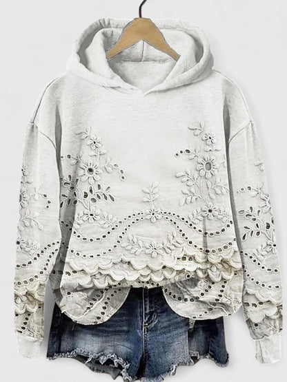 Comfortable Eyelet Embroidered Cropped Hoodie for Women with Drawstring Hood Long Sleeve Scalloped Hem Oversized Knit Style
