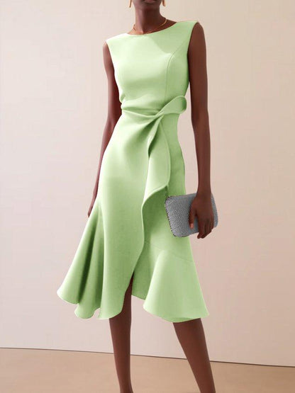 Elegant Draped Midi Dress for Women with Boat Neck Sleeveless Ruffle Hem Cocktail Style