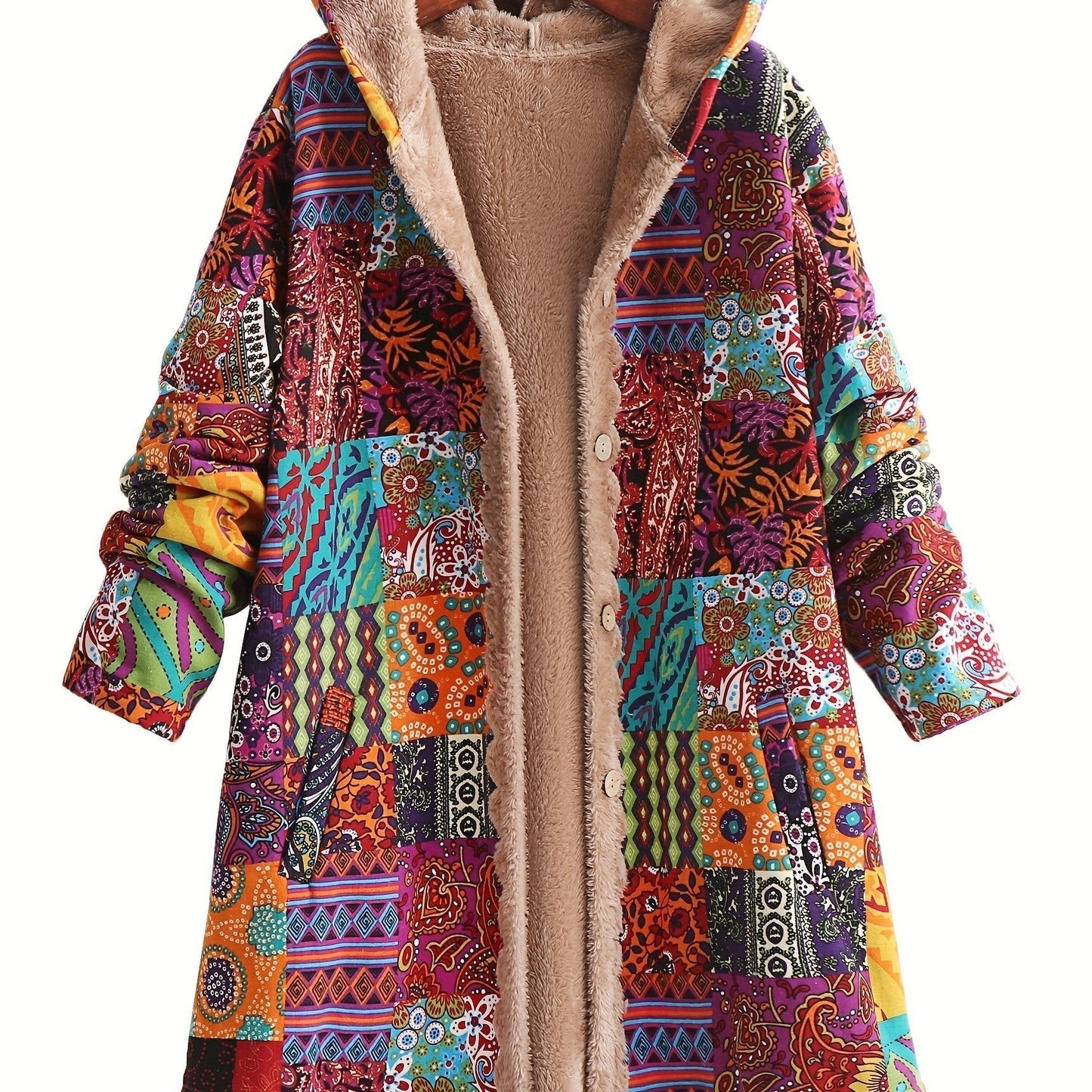 Effortless Patchwork Print Hooded Coat for Women with Long Sleeve Button Front Faux Fur Lined Oversized Style