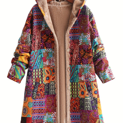 Effortless Patchwork Print Hooded Coat for Women with Long Sleeve Button Front Faux Fur Lined Oversized Style