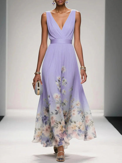 Elegant Floral Maxi Dress for Women with V Neck Sleeveless Pleated Waist Flowing Wedding Guest Style