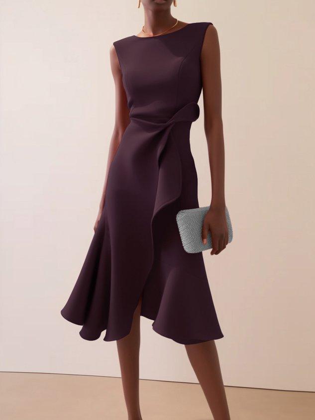 Elegant Draped Midi Dress for Women with Boat Neck Sleeveless Ruffle Hem Cocktail Style