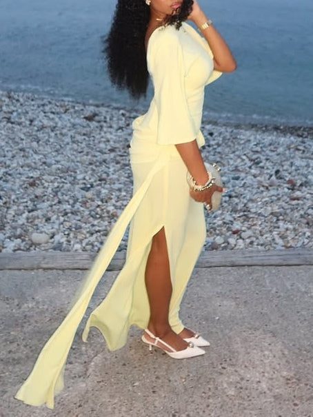 Elegant Yellow Maxi Dress for Women with High Neck Batwing Sleeve Open Back Ruched Slit Style