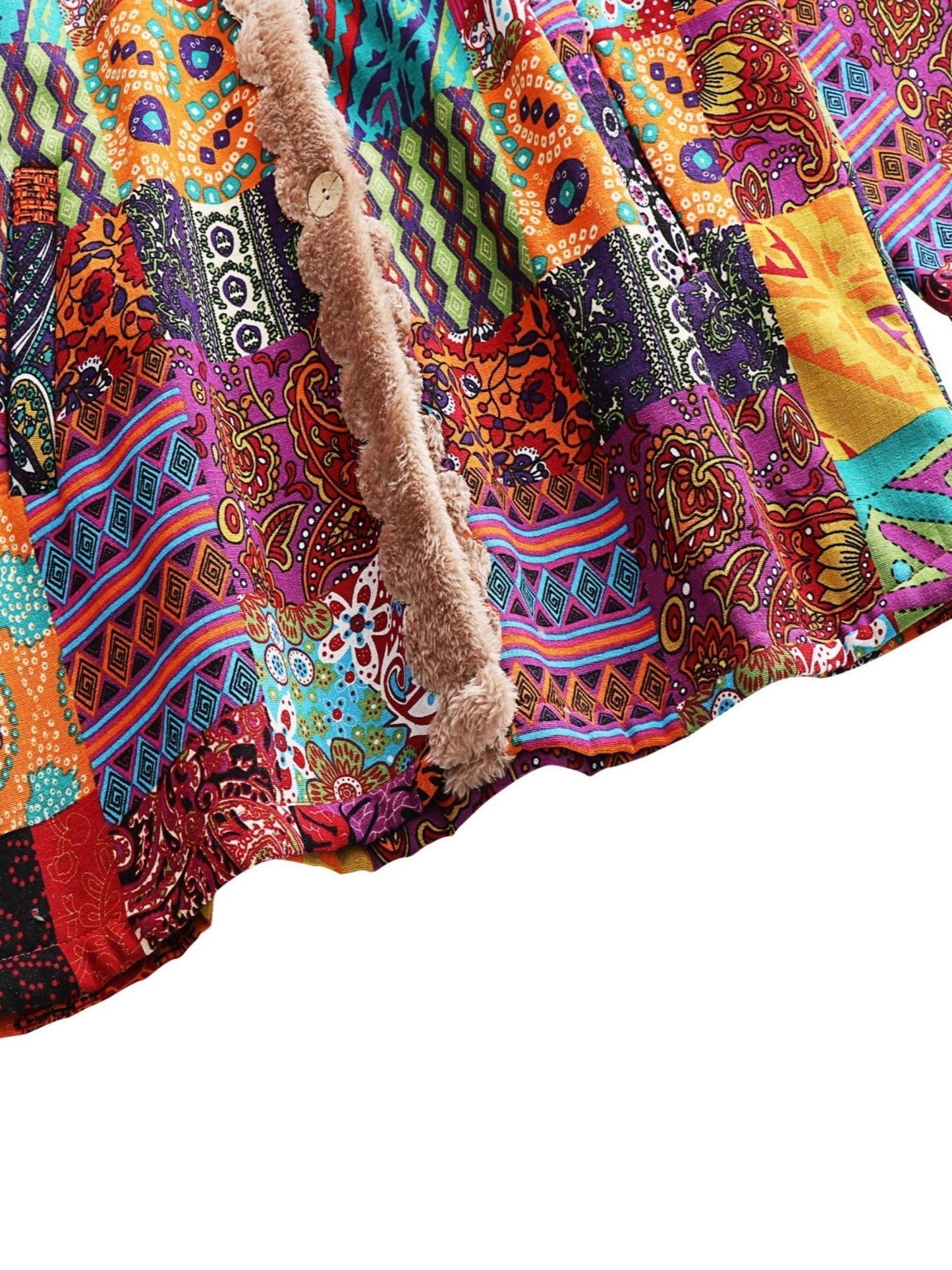 Effortless Patchwork Print Hooded Coat for Women with Long Sleeve Button Front Faux Fur Lined Oversized Style