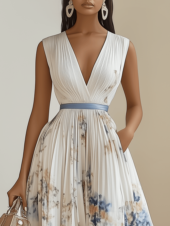 Elegant White Tie Dye Midi Dress for Women with V Neck Sleeveless Pleated Belted Flowing Style
