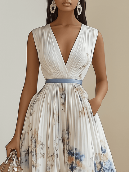 Elegant White Tie Dye Midi Dress for Women with V Neck Sleeveless Pleated Belted Flowing Style