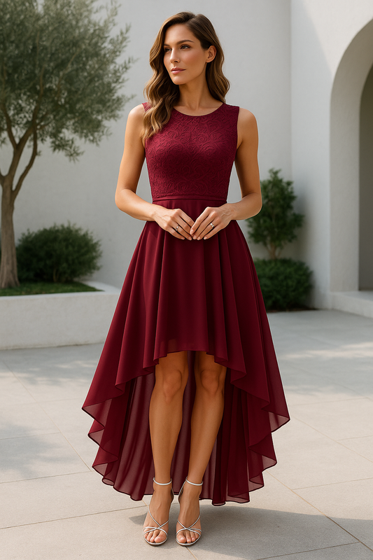Elegant Lace Cocktail Dress for Women with Round Neck Sleeveless High Low Hem Wedding Guest Style