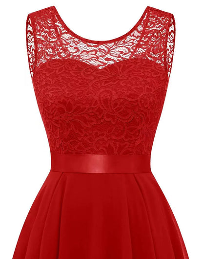 Elegant Lace Cocktail Dress for Women with Round Neck Sleeveless High Low Hem Wedding Guest Style