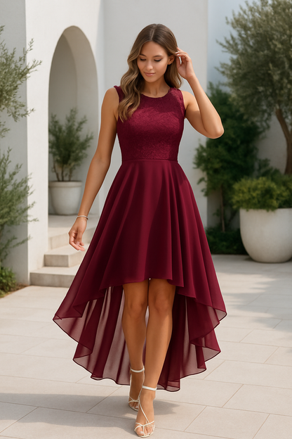 Elegant Lace Cocktail Dress for Women with Round Neck Sleeveless High Low Hem Wedding Guest Style