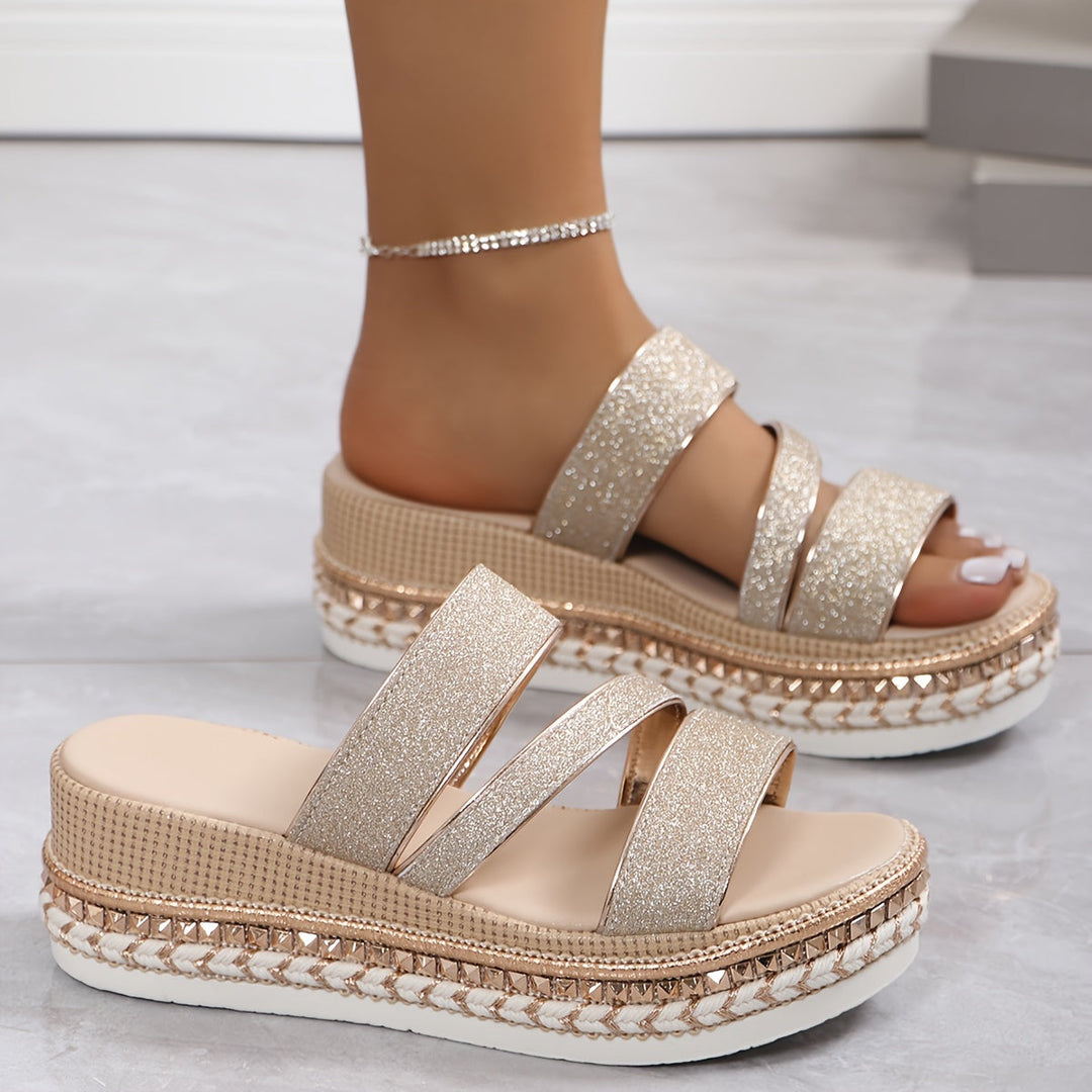 Comfortable Gold Platform Sandals for Women with Double Strap Espadrille Braided Slide Style