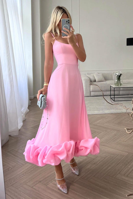 Elegant Ruffle Hem Midi Dress for Women with Square Neck Spaghetti Strap Flowing Wedding Guest Style