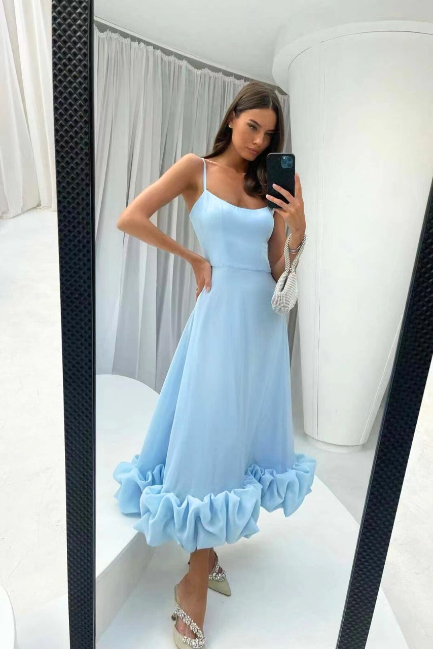 Elegant Ruffle Hem Midi Dress for Women with Square Neck Spaghetti Strap Flowing Wedding Guest Style