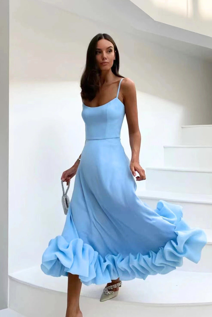Elegant Ruffle Hem Midi Dress for Women with Square Neck Spaghetti Strap Flowing Wedding Guest Style