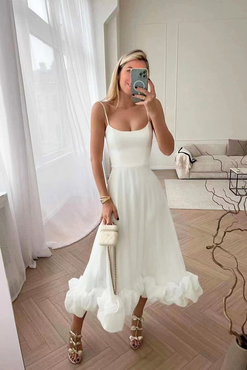 Elegant Ruffle Hem Midi Dress for Women with Square Neck Spaghetti Strap Flowing Wedding Guest Style