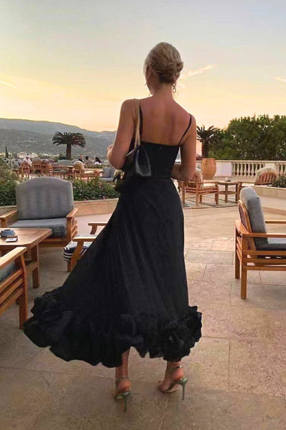 Elegant Ruffle Hem Midi Dress for Women with Square Neck Spaghetti Strap Flowing Wedding Guest Style