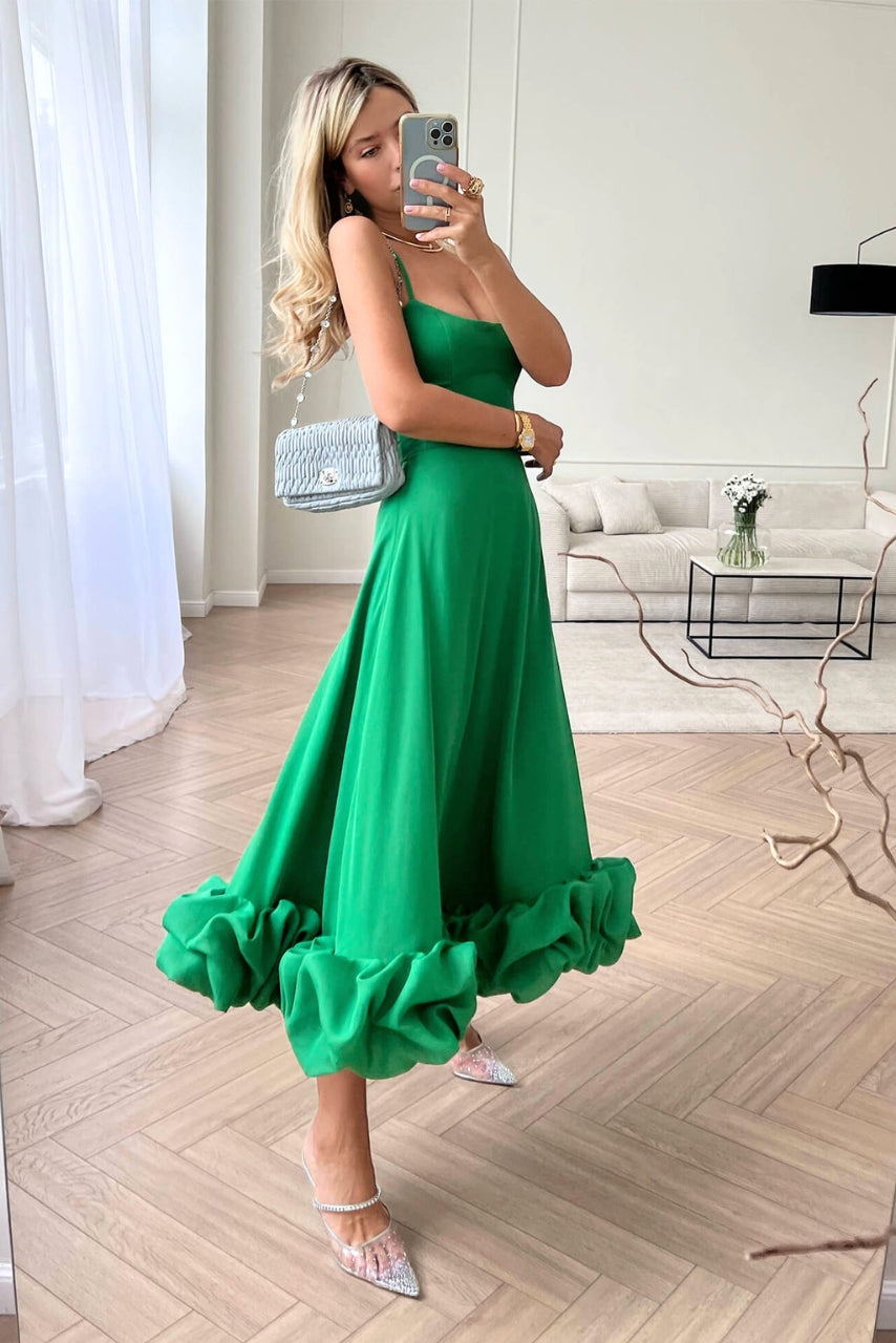 Elegant Ruffle Hem Midi Dress for Women with Square Neck Spaghetti Strap Flowing Wedding Guest Style