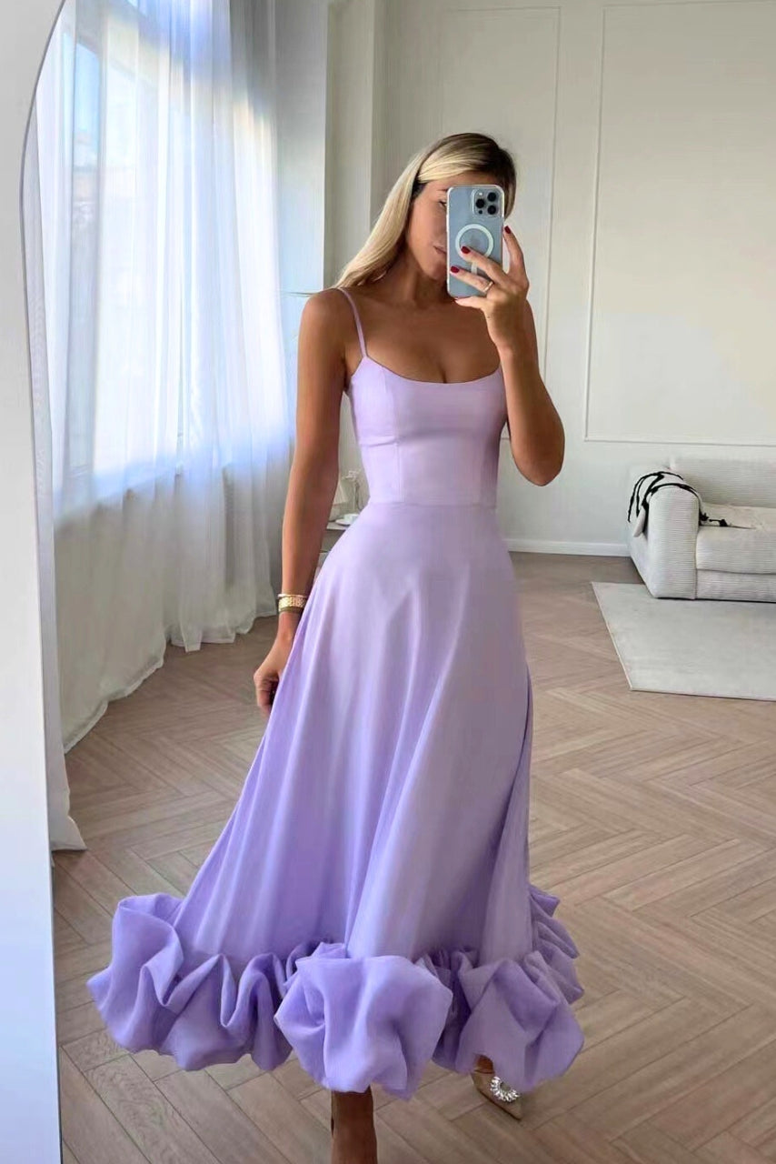 Elegant Ruffle Hem Midi Dress for Women with Square Neck Spaghetti Strap Flowing Wedding Guest Style