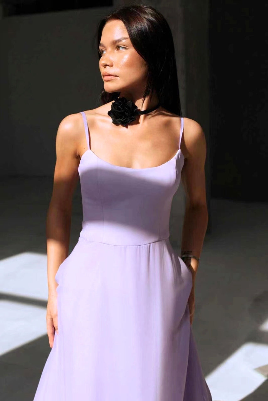 Elegant Ruffle Hem Midi Dress for Women with Square Neck Spaghetti Strap Flowing Wedding Guest Style