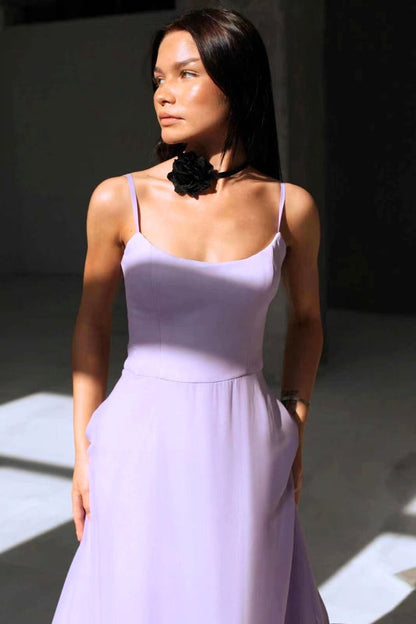 Elegant Ruffle Hem Midi Dress for Women with Square Neck Spaghetti Strap Flowing Wedding Guest Style