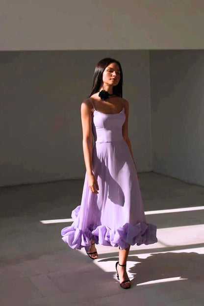 Elegant Ruffle Hem Midi Dress for Women with Square Neck Spaghetti Strap Flowing Wedding Guest Style