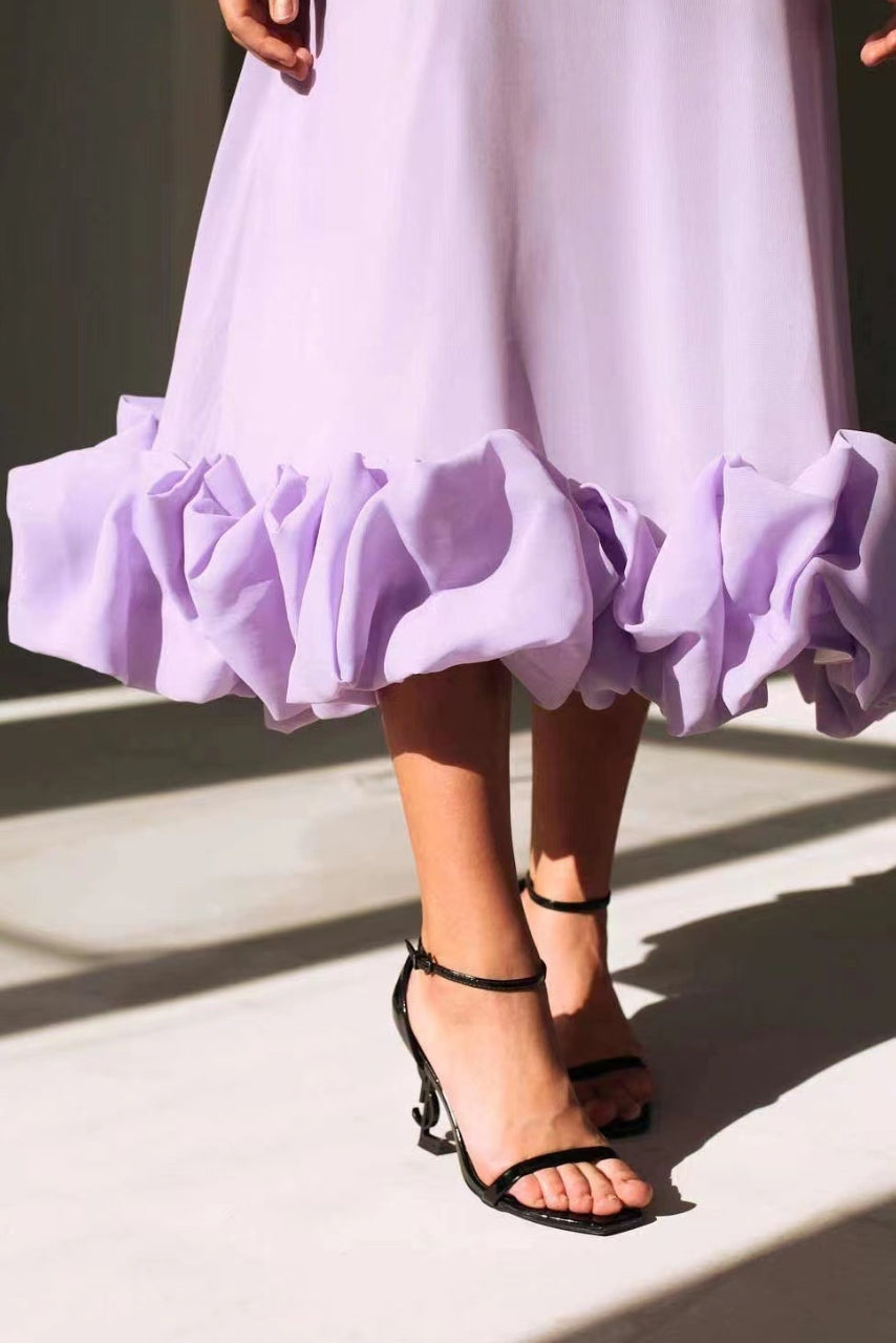 Elegant Ruffle Hem Midi Dress for Women with Square Neck Spaghetti Strap Flowing Wedding Guest Style