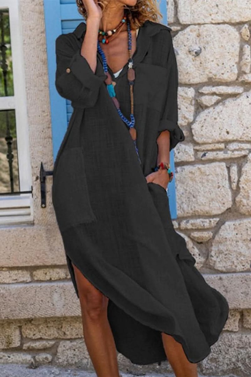 Effortless Linen Maxi Dress for Women with Collar Long Sleeve Button Front Side Slit Bohemian Style