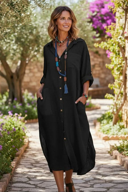 Effortless Linen Maxi Dress for Women with Collar Long Sleeve Button Front Side Slit Bohemian Style