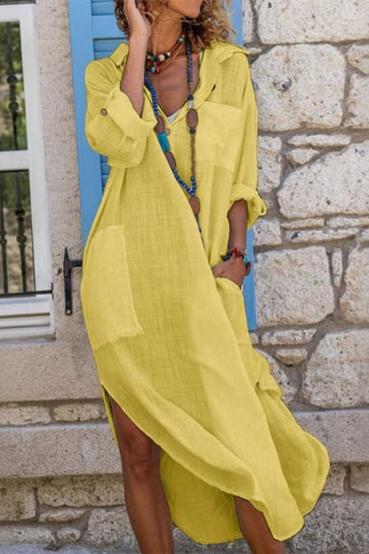 Effortless Linen Maxi Dress for Women with Collar Long Sleeve Button Front Side Slit Bohemian Style