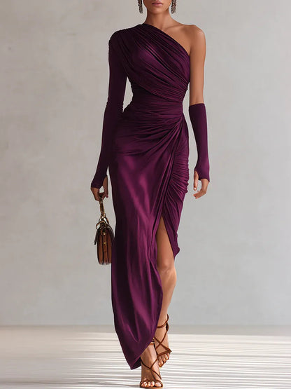 Elegant Purple Maxi Dress for Women with One Shoulder Long Sleeve Ruched Draped High Slit Formal Wedding Guest Style