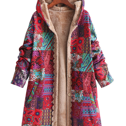 Effortless Patchwork Print Hooded Coat for Women with Long Sleeve Button Front Faux Fur Lined Oversized Style
