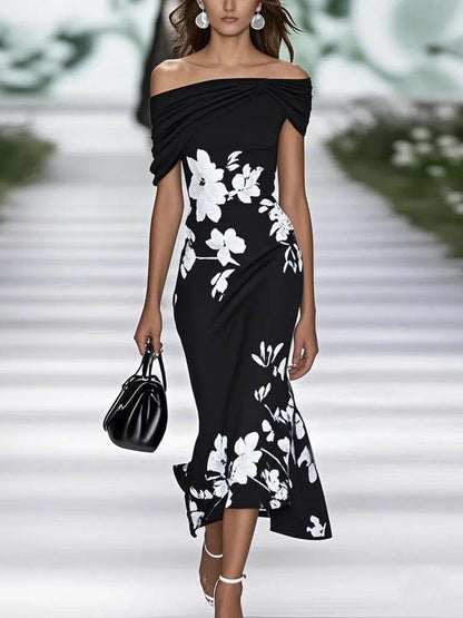 Elegant Floral Midi Dress for Women with Off Shoulder Short Sleeve Ruched Mermaid Hem Wedding Guest Style