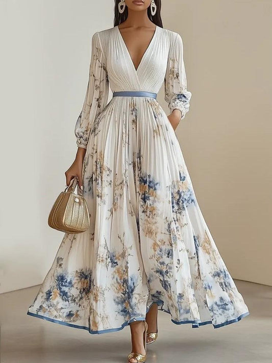 Elegant White Floral Maxi Dress for Women with V Neck Long Sleeve Pleated Belted Flowing Style
