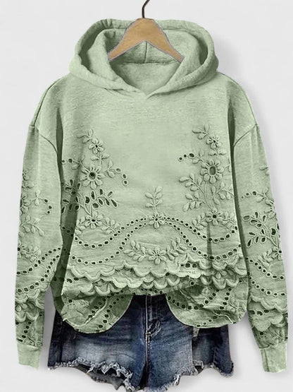 Comfortable Eyelet Embroidered Cropped Hoodie for Women with Drawstring Hood Long Sleeve Scalloped Hem Oversized Knit Style