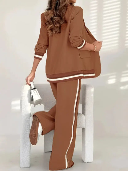 Elegant Striped Blazer Two Piece Set for Women with Notched Lapel Long Sleeve Wide Leg Pant Office Style