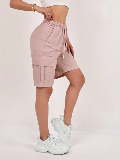 Effortless Pink Cargo Shorts for Women with High Waist Drawstring Flap Pocket Relaxed Style