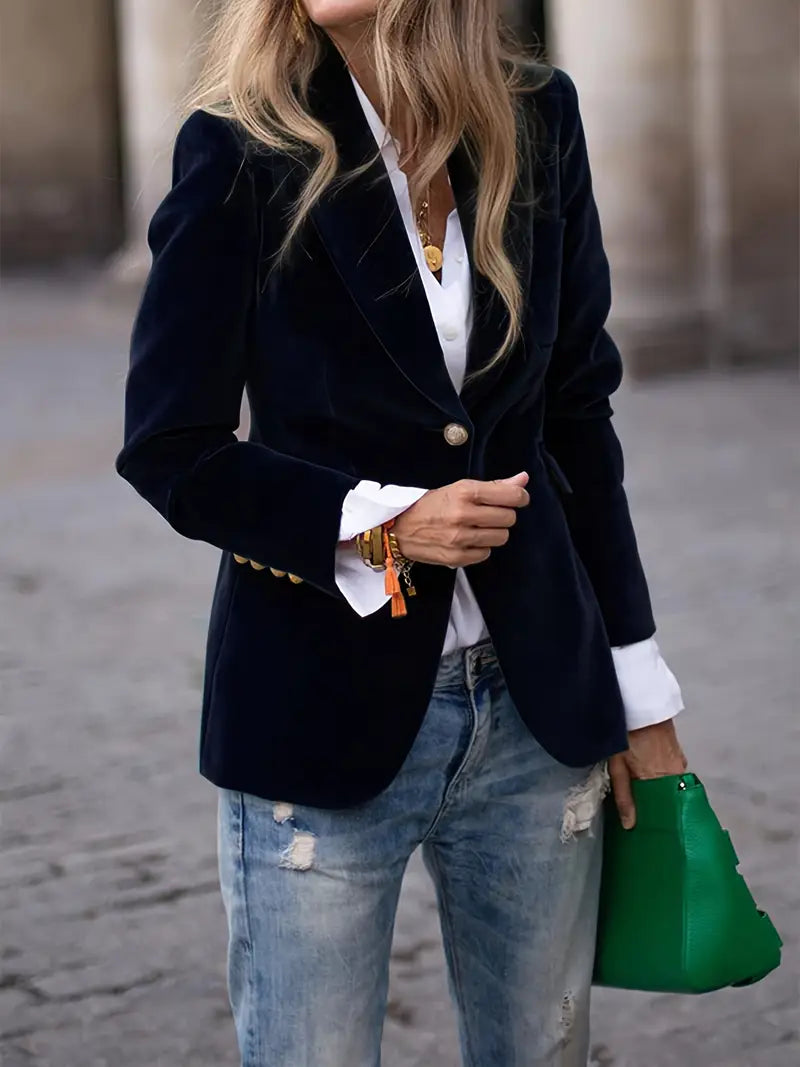 Elegant Velvet Blazer for Women with Peak Lapel Long Sleeve Single Button Tailored Style