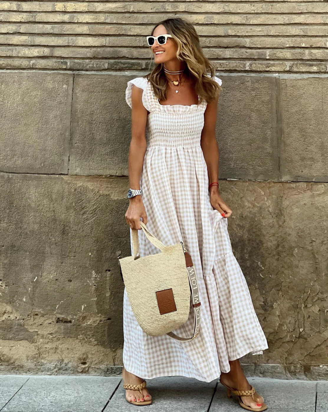 Effortless Gingham Maxi Dress for Women with Square Neck Ruffle Sleeve Smocked Tiered Flowing Style