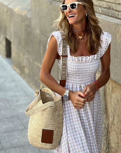Effortless Gingham Maxi Dress for Women with Square Neck Ruffle Sleeve Smocked Tiered Flowing Style